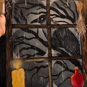 Raven Window Art with Candle and Red Vase